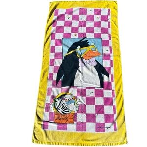 VTG 90s Seaside Zoo Checkered Beach Towel A La Carte Saydah Surf Penguin Zebra